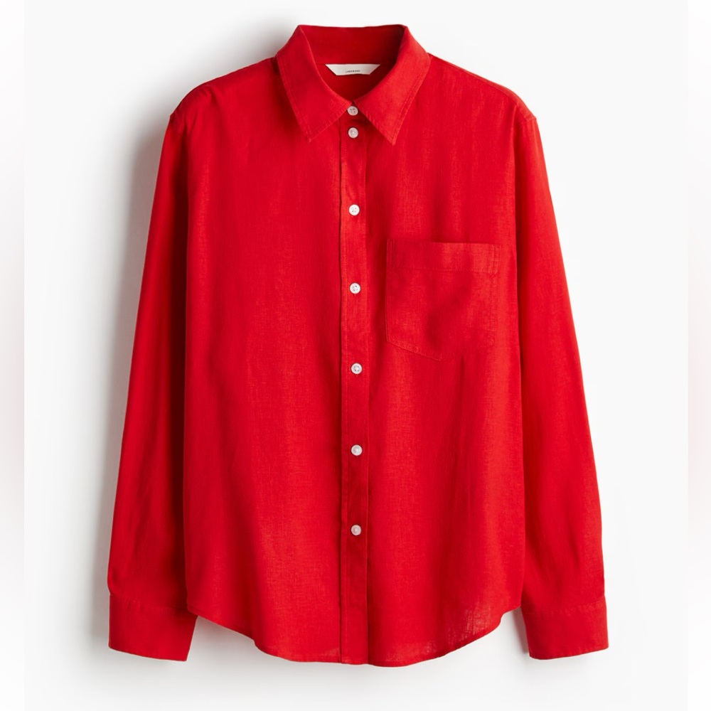 H&M Linen Blend Red Button Down Shirt